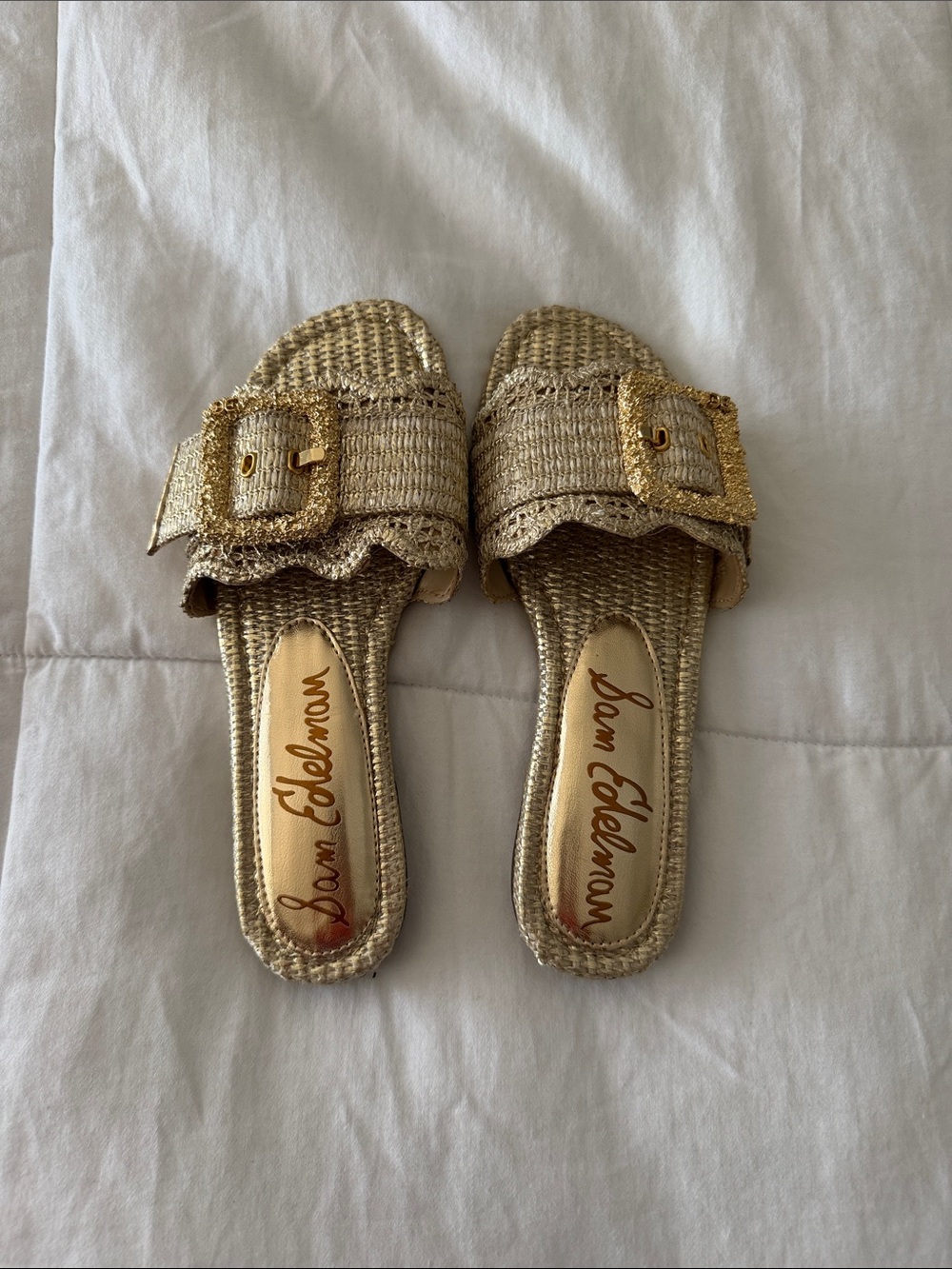 Sam Edelman Metallic Gold Raffia Buckle Slides